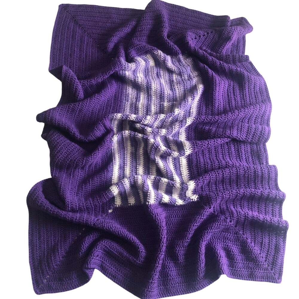 Handmade Crochet Afghan Throw Baby Blanket Purple White Soft VTG Style
